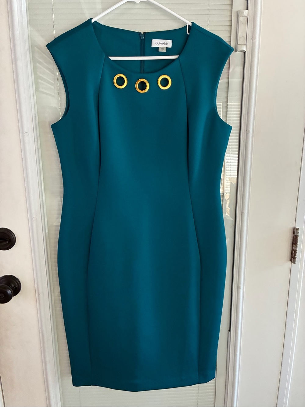 Calvin Klein Teal Sheath Dress with Gold Eyelet Accents